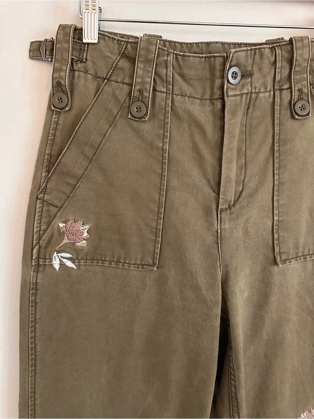 Free People Keep It Real Military Pant Olive Embroidered Floral Cropped Wide Leg